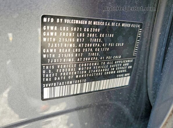 3VVFB7AX1RM109510 2024 VOLKSWAGEN TIGUAN Gray სალონის 360-გრადუსიანი ხედი