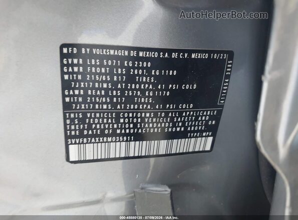 3VVFB7AXXRM035911 2024 VOLKSWAGEN TIGUAN Silver Engine compartment view