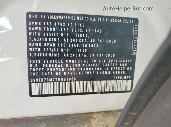 3VVFR7RM2TM081066 2026 VOLKSWAGEN TIGUAN White Vista de la etiqueta del VIN