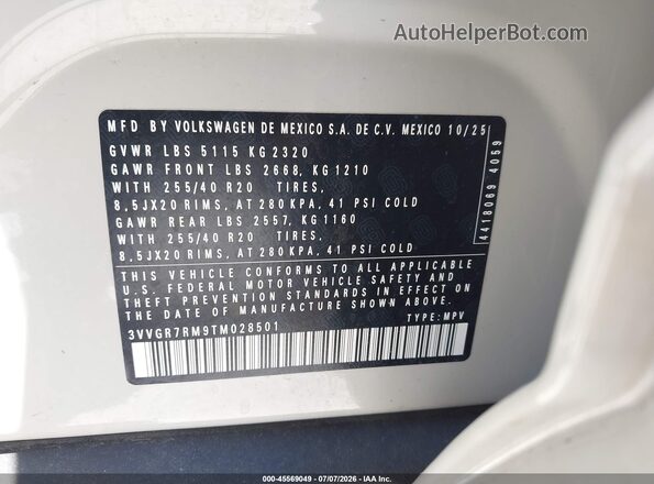 3VVGR7RM9TM028501 2026 VOLKSWAGEN TIGUAN White Շարժիչի բաժամունքի տեսք