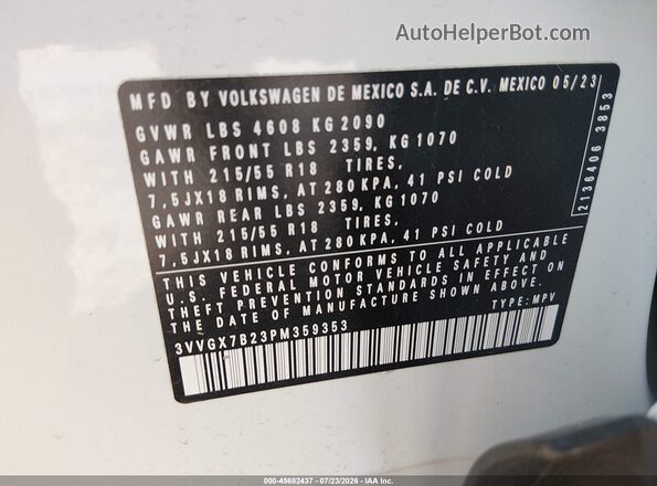 3VVGX7B23PM359353 2023 VOLKSWAGEN TAOS Белый Вид подкапотного пространства