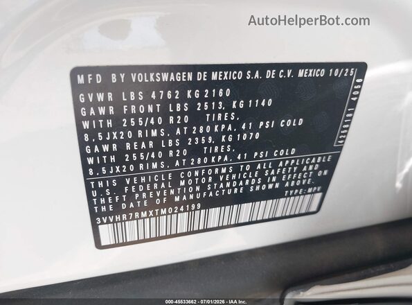 3VVHR7RMXTM024199 2026 VOLKSWAGEN TIGUAN White Widok komory silnika