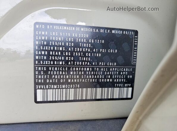 3VVLR7RM3SM028376 2025 VOLKSWAGEN TIGUAN Белый Вид наклейки с VIN-кодом