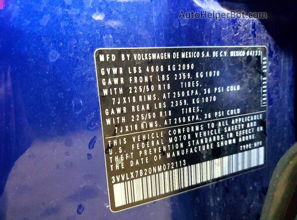 3VVLX7B20NM072113 2022 VOLKSWAGEN TAOS Blue Widok wnętrza 360 stopni