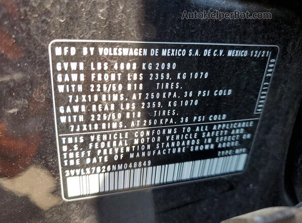3VVLX7B26NM048849 2022 VOLKSWAGEN TAOS Black Vista de la etiqueta del VIN