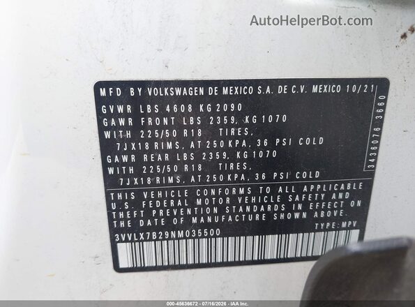 3VVLX7B29NM035500 2022 VOLKSWAGEN TAOS Белый Вид подкапотного пространства