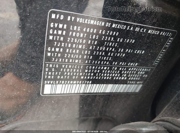 3VVLX7B2XNM081708 2022 VOLKSWAGEN TAOS Black Vista del compartimento del motor