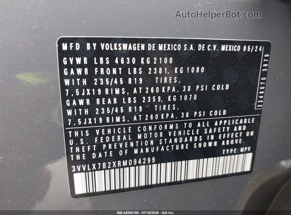 3VVLX7B2XRM094299 2024 VOLKSWAGEN TAOS Gray ძრავის განყოფილების ხედი