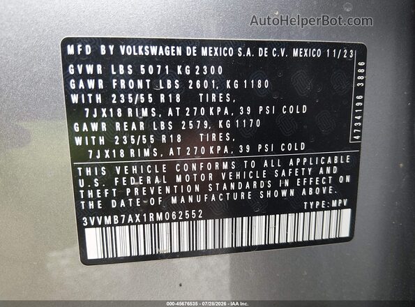 3VVMB7AX1RM062552 2024 VOLKSWAGEN TIGUAN Silver ძრავის განყოფილების ხედი