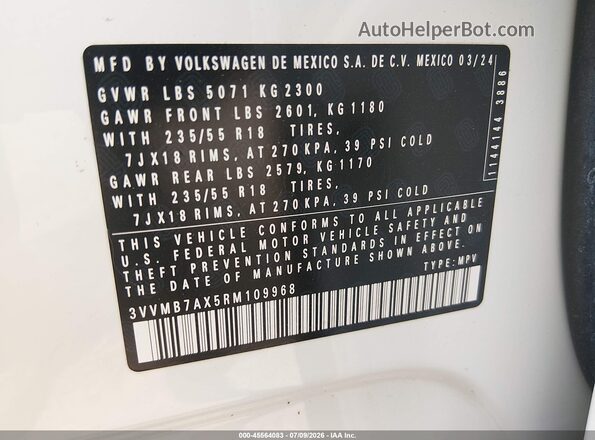 3VVMB7AX5RM109968 2024 VOLKSWAGEN TIGUAN White Engine compartment view