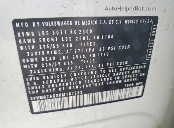 3VVMB7AXXRM167283 2024 VOLKSWAGEN TIGUAN White Widok wnętrza 360 stopni