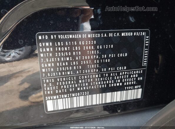 3VVMR7RM2TM087232 2026 VOLKSWAGEN TIGUAN Black ძრავის განყოფილების ხედი