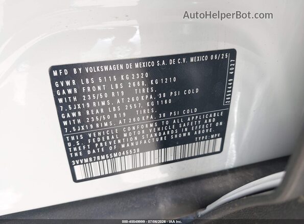 3VVMR7RM5SM045538 2025 VOLKSWAGEN TIGUAN White Engine compartment view