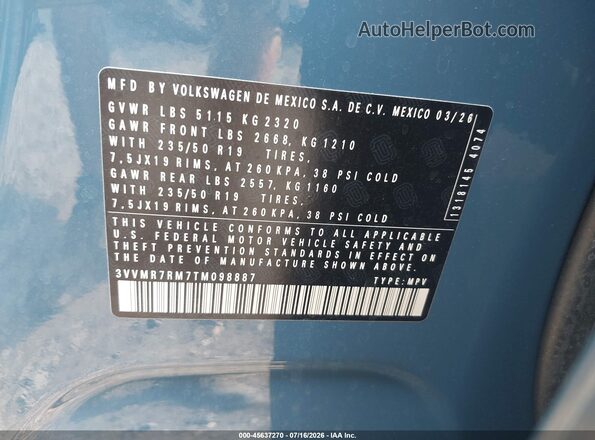 3VVMR7RM7TM098887 2026 VOLKSWAGEN TIGUAN Blue Вид підкапотного простору