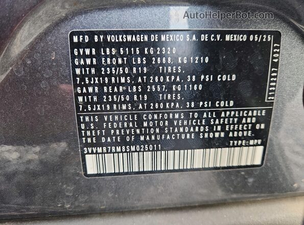 3VVMR7RM8SM025011 2025 VOLKSWAGEN TIGUAN Gray VIN sticker view