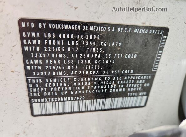 3VVMX7B29NM087620 2022 VOLKSWAGEN TAOS White Widok naklejki z numerem VIN