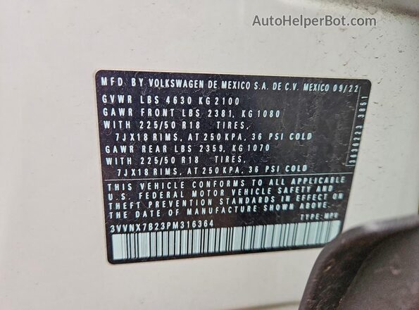 3VVNX7B23PM316364 2023 VOLKSWAGEN TAOS White VIN sticker view