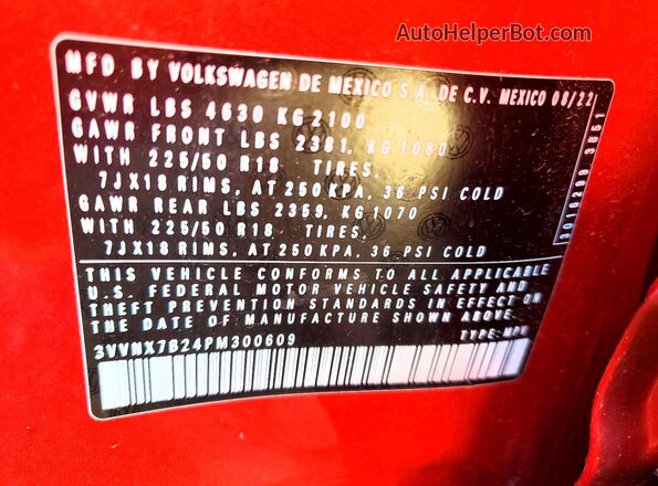 3VVNX7B24PM300609 2023 VOLKSWAGEN TAOS Red VIN sticker view