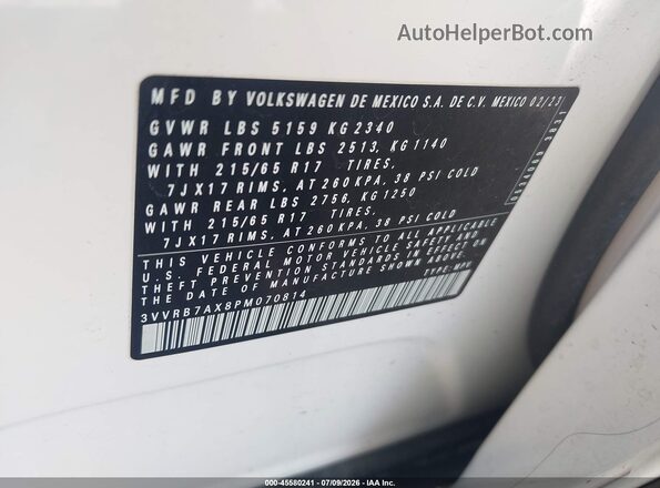 3VVRB7AX8PM070814 2023 VOLKSWAGEN TIGUAN White ძრავის განყოფილების ხედი