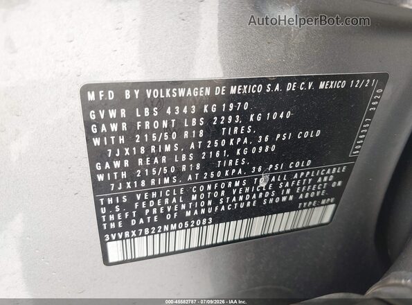 3VVRX7B22NM052083 2022 VOLKSWAGEN TAOS Silver Engine compartment view