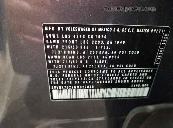 3VVRX7B27NM027048 2022 VOLKSWAGEN TAOS Gray Widok naklejki z numerem VIN