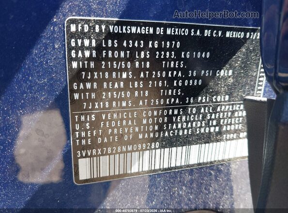 3VVRX7B28NM099280 2022 VOLKSWAGEN TAOS Blue ძრავის განყოფილების ხედი