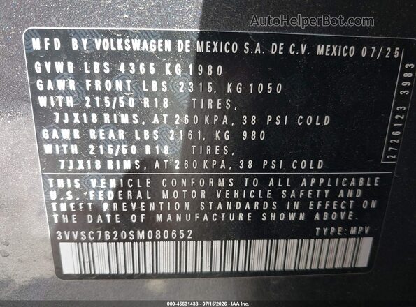 3VVSC7B20SM080652 2025 VOLKSWAGEN TAOS Silver Widok komory silnika