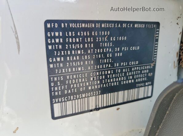 3VVSC7B29SM005237 2025 VOLKSWAGEN TAOS White VIN კოდის სტიკერის ხედი