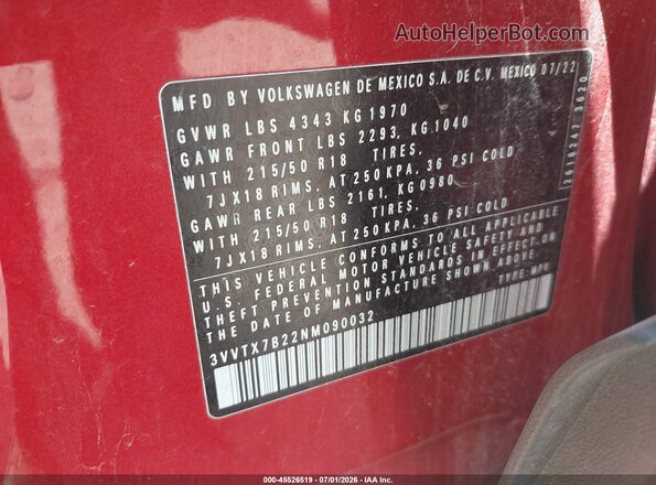 3VVTX7B22NM090032 2022 VOLKSWAGEN TAOS Red Շարժիչի բաժամունքի տեսք