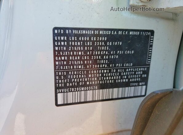 3VVUC7B29SM003576 2025 VOLKSWAGEN TAOS White VIN կոդի պիտակի տեսք
