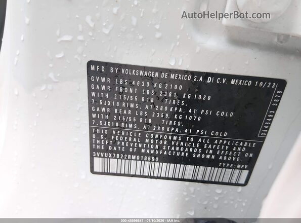 3VVUX7B22RM018550 2024 VOLKSWAGEN TAOS White Вид підкапотного простору
