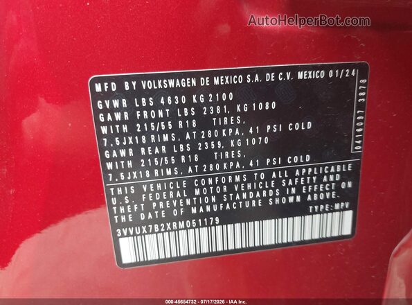 3VVUX7B2XRM051179 2024 VOLKSWAGEN TAOS Red ძრავის განყოფილების ხედი