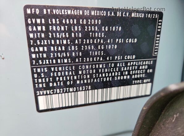 3VVVC7B27TM016378 2026 VOLKSWAGEN TAOS Синий Вид наклейки с VIN-кодом