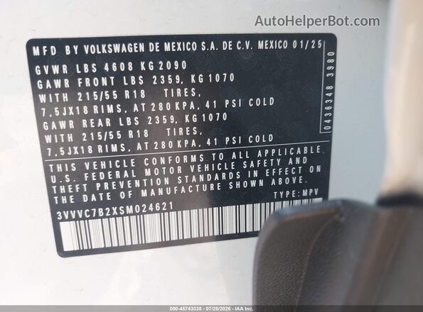 3VVVC7B2XSM024621 2025 VOLKSWAGEN TAOS Белый Вид подкапотного пространства