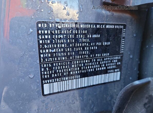 3VVVX7B27RM100150 2024 VOLKSWAGEN TAOS Gray Widok naklejki z numerem VIN