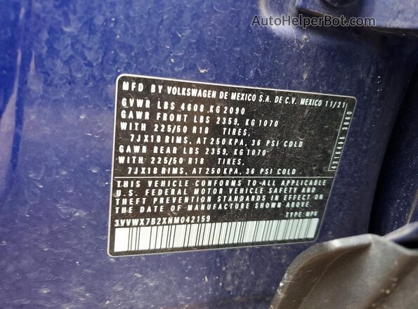 3VVWX7B2XNM042159 2022 VOLKSWAGEN TAOS Blue Vista interior de 360 grados