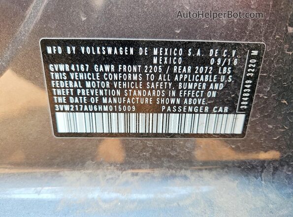 3VW217AU6HM015009 2017 VOLKSWAGEN GOLF Gray ძრავის განყოფილების ხედი