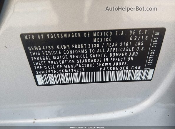 3VW267AJ6GM334237 2016 VOLKSWAGEN JETTA Silver Vista del compartimento del motor
