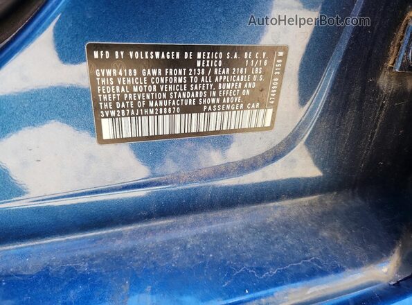 3VW2B7AJ1HM288670 2017 VOLKSWAGEN JETTA Синий Вид подкапотного пространства
