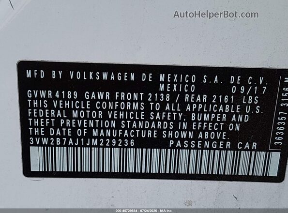 3VW2B7AJ1JM229236 2018 VOLKSWAGEN JETTA White Engine compartment view