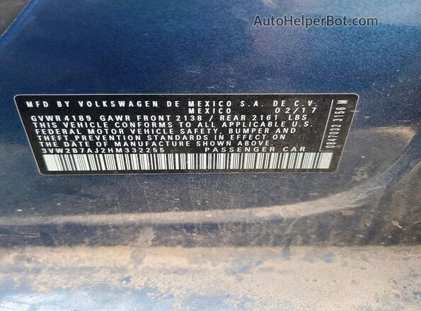 3VW2B7AJ2HM332255 2017 VOLKSWAGEN JETTA Синий Вид подкапотного пространства