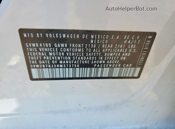 3VW2B7AJ2HM373758 2017 VOLKSWAGEN JETTA White VIN კოდის სტიკერის ხედი