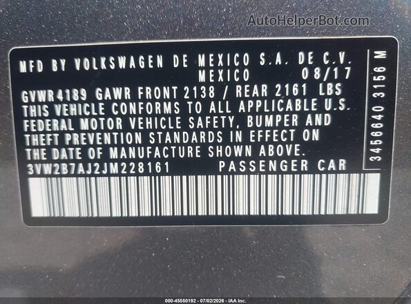3VW2B7AJ2JM228161 2018 VOLKSWAGEN JETTA Gray Widok komory silnika