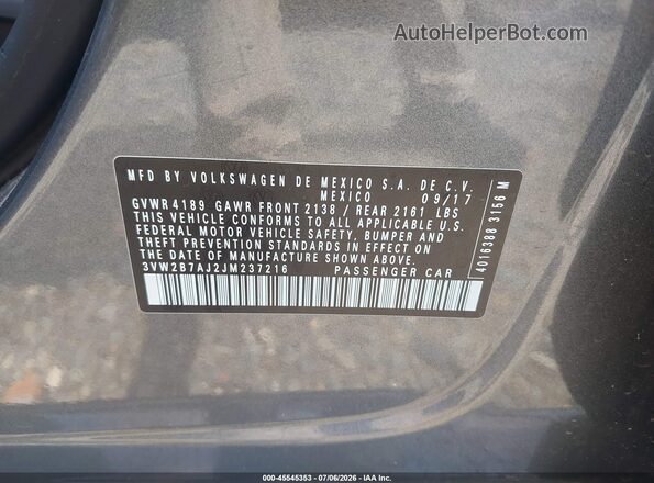 3VW2B7AJ2JM237216 2018 VOLKSWAGEN JETTA Gray Vista del compartimento del motor