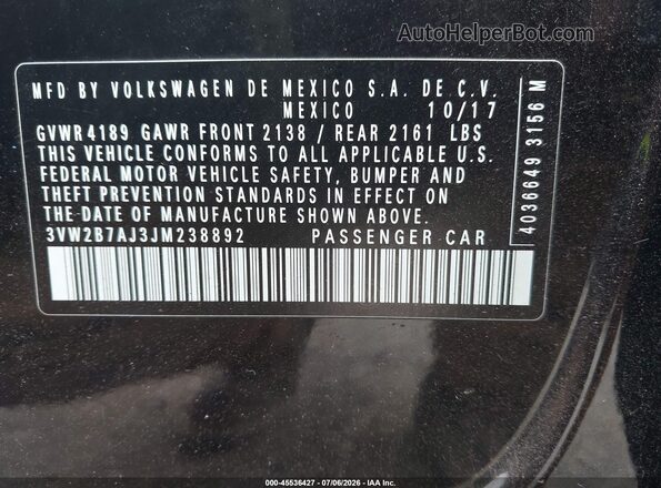 3VW2B7AJ3JM238892 2018 VOLKSWAGEN JETTA Black Շարժիչի բաժամունքի տեսք