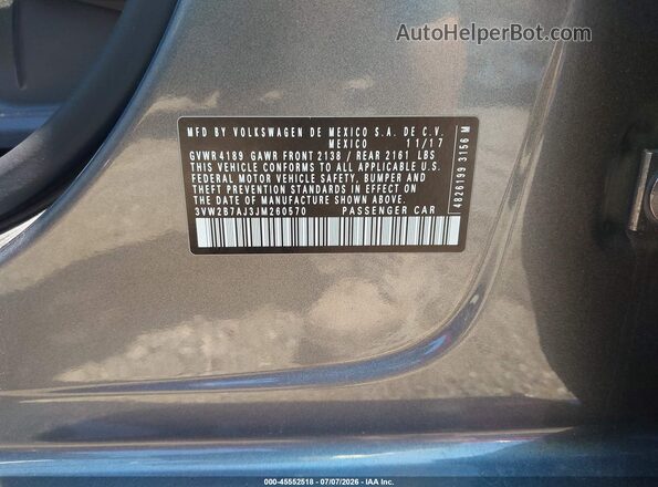 3VW2B7AJ3JM260570 2018 VOLKSWAGEN JETTA Gray Շարժիչի բաժամունքի տեսք