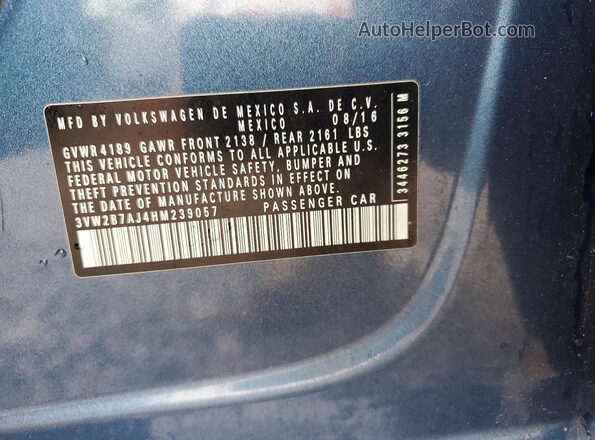 3VW2B7AJ4HM239057 2017 VOLKSWAGEN JETTA Blue Շարժիչի բաժամունքի տեսք