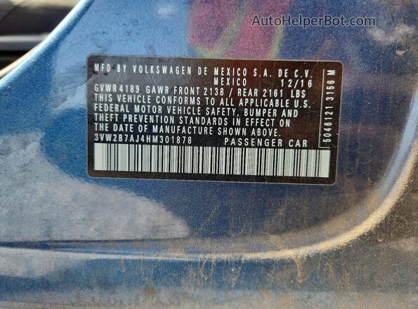 3VW2B7AJ4HM301878 2017 VOLKSWAGEN JETTA Синий Вид наклейки с VIN-кодом