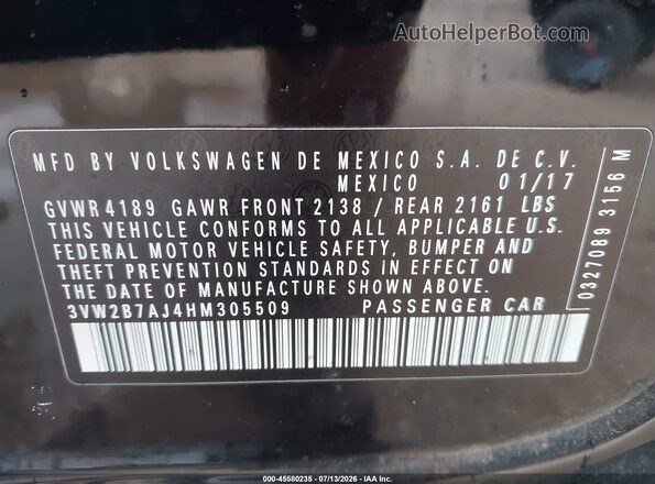 3VW2B7AJ4HM305509 2017 VOLKSWAGEN JETTA Black ძრავის განყოფილების ხედი