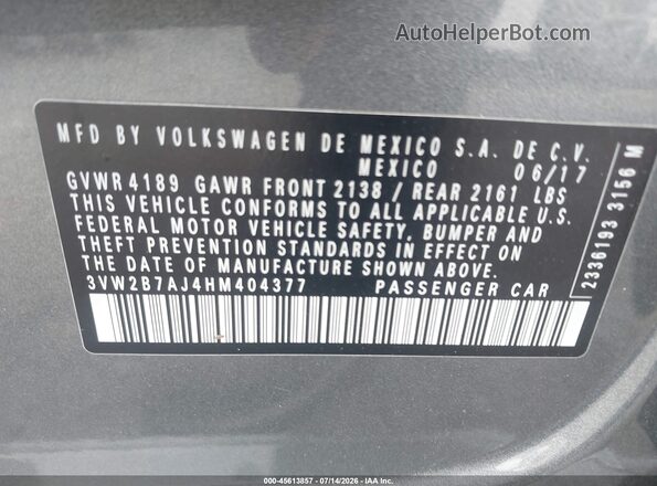 3VW2B7AJ4HM404377 2017 VOLKSWAGEN JETTA Gray Vista del compartimento del motor